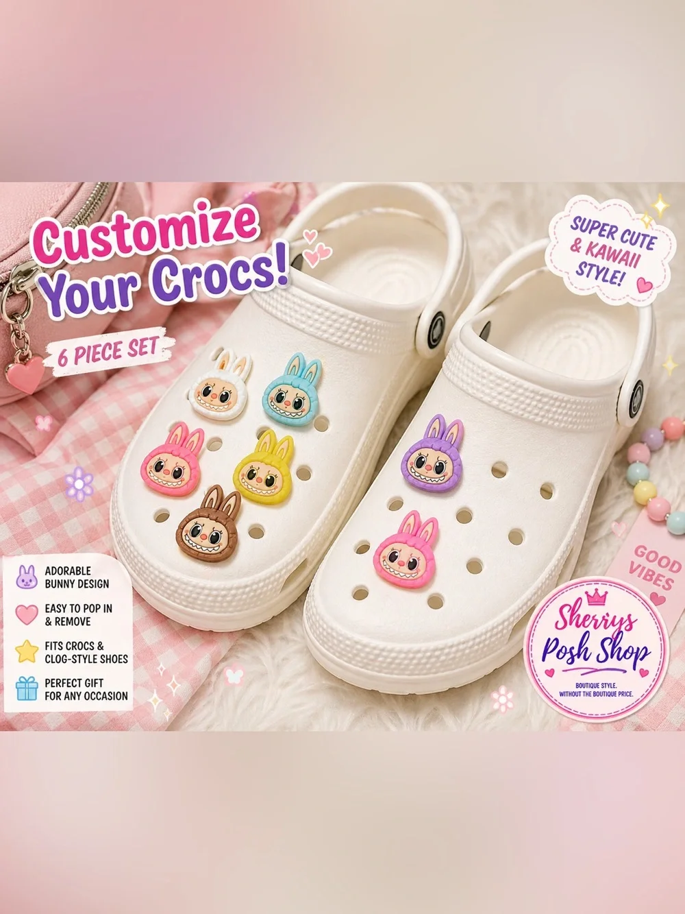 Labubu Croc Charms 6pc Set Bunny Cartoon Shoe Accessories Cute Kawaii